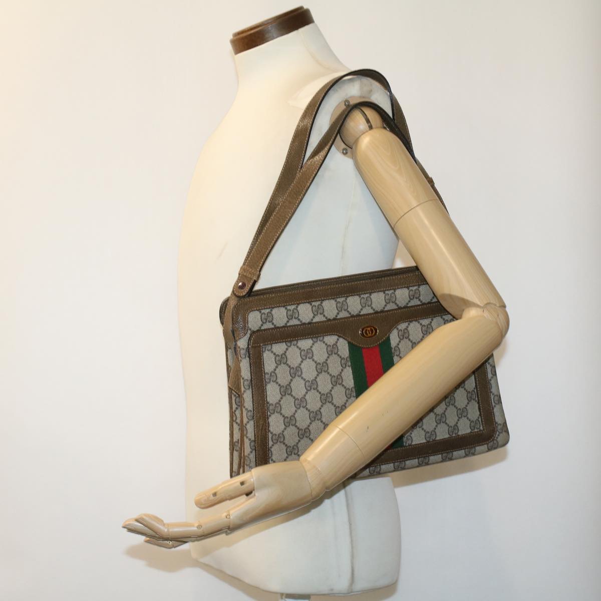 GUCCI GG Canvas Web Sherry Line Shoulder Bag Beige Red Green ki2512