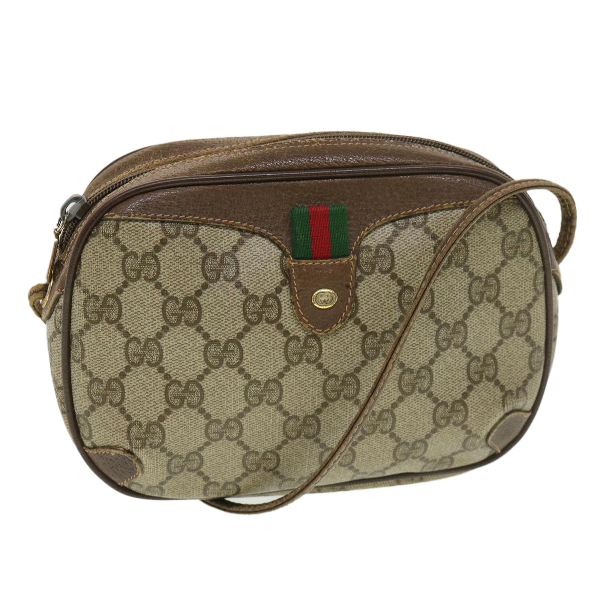GUCCI GG Canvas Web Sherry Line Shoulder Bag PVC Leather Beige Green ki2800