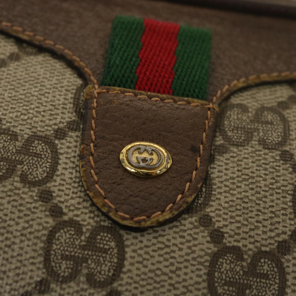 GUCCI GG Canvas Web Sherry Line Shoulder Bag PVC Leather Beige Green ki2800