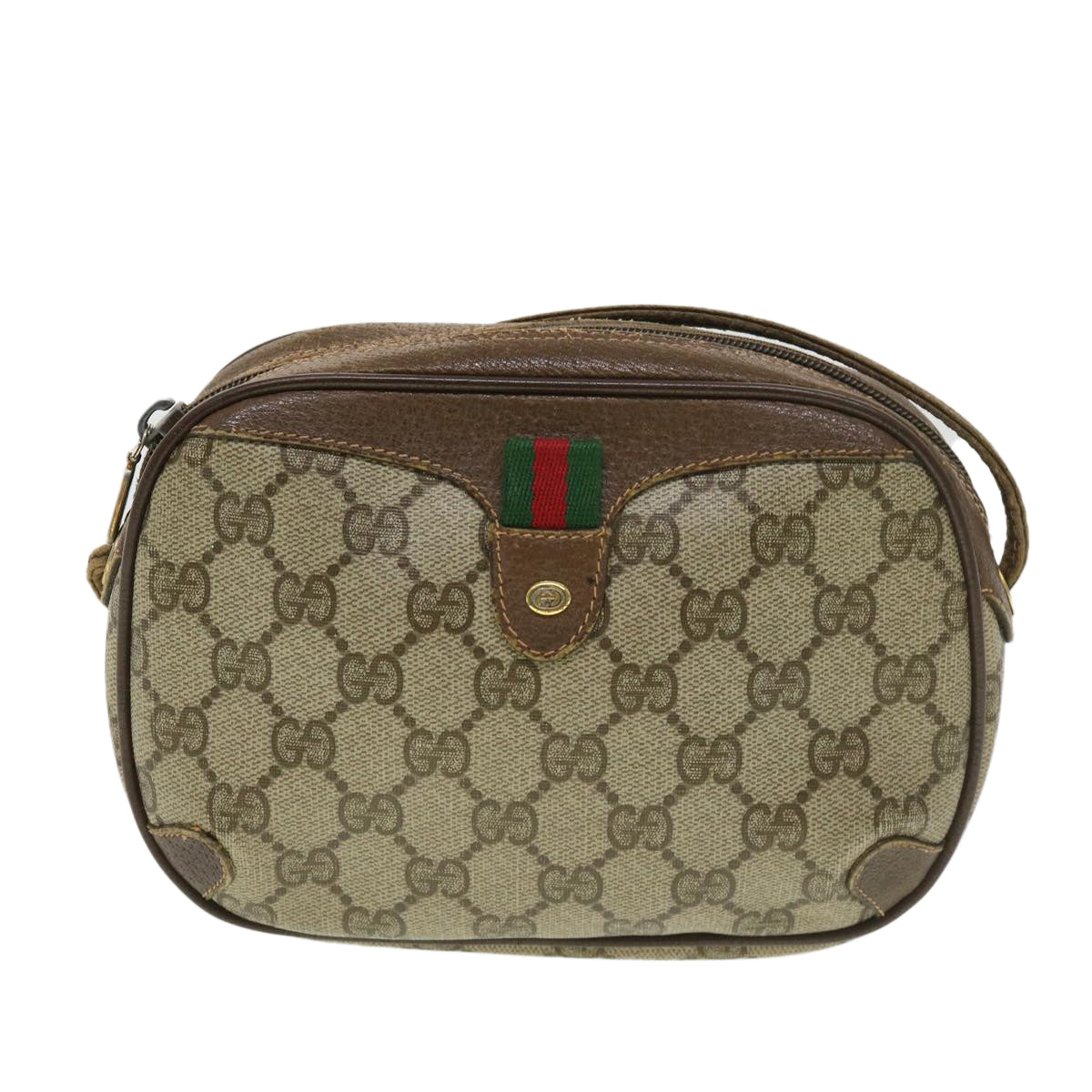 GUCCI GG Canvas Web Sherry Line Shoulder Bag PVC Leather Beige Green ki2800