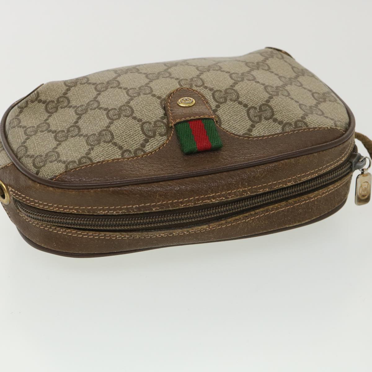 GUCCI GG Canvas Web Sherry Line Shoulder Bag PVC Leather Beige Green ki2800