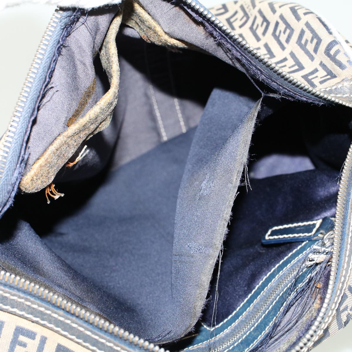 FENDI Zucchino Canvas Hand Bag Leather Navy ki3064