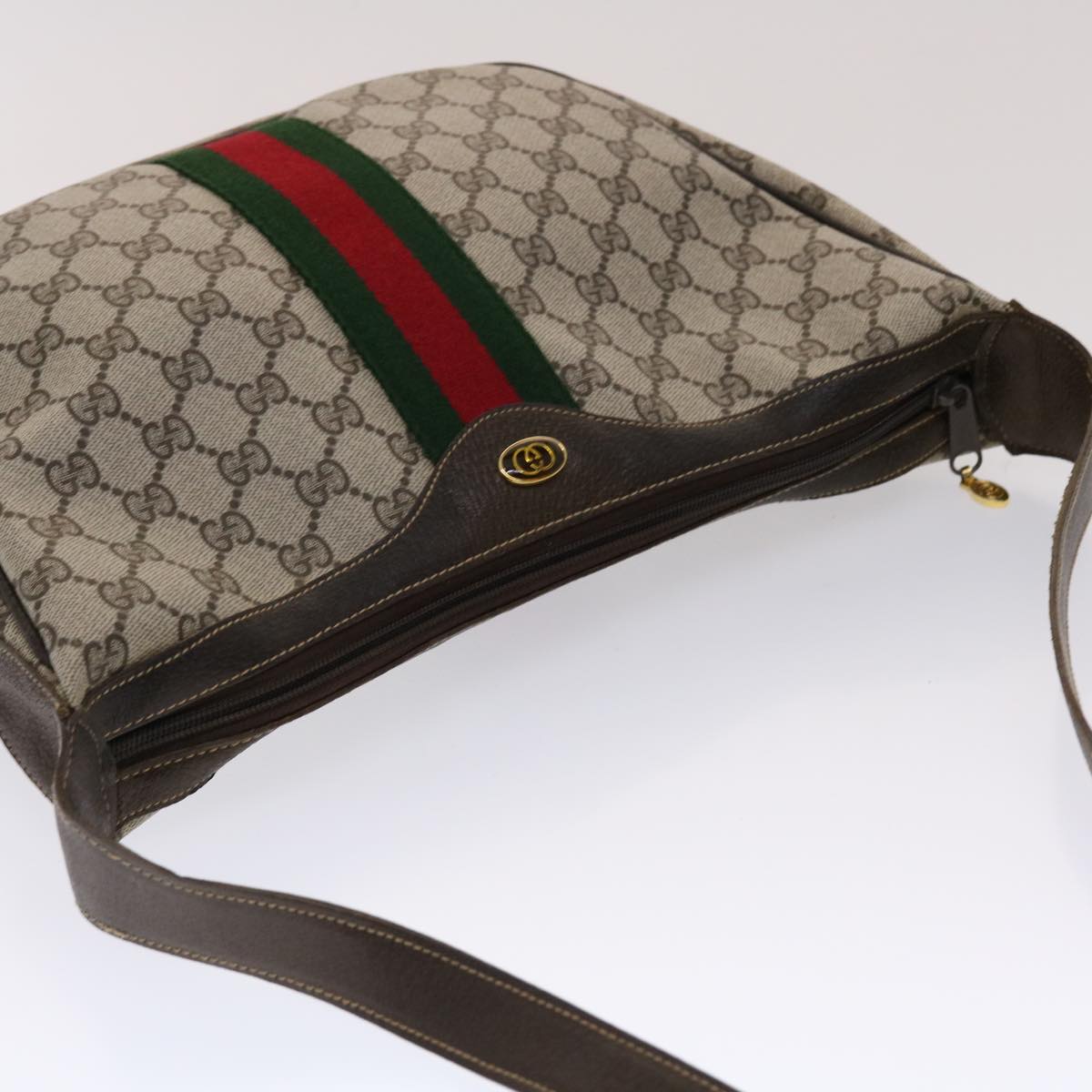 GUCCI GG Canvas Web Sherry Line Shoulder Bag PVC Leather Beige Green ki3157