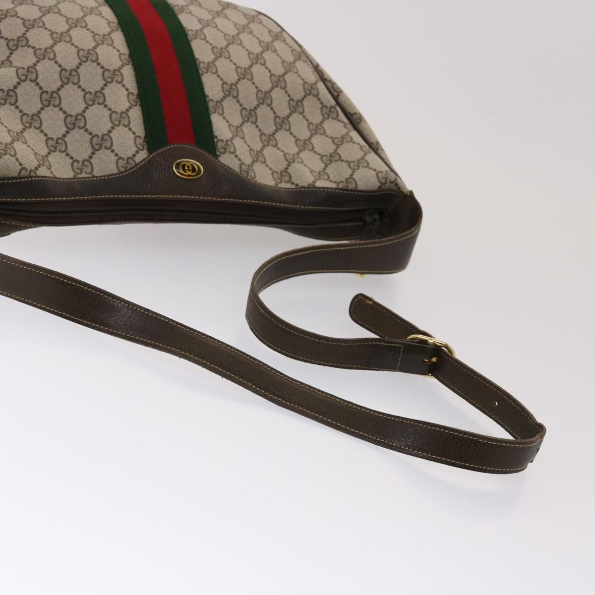 GUCCI GG Canvas Web Sherry Line Shoulder Bag PVC Leather Beige Green ki3157