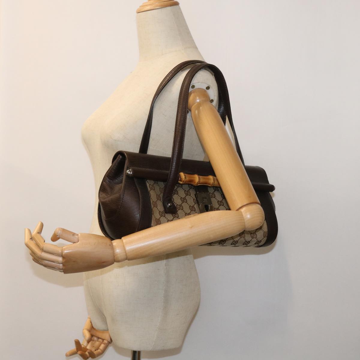 GUCCI GG Canvas Bamboo Hand Bag Beige 111713 ki3323