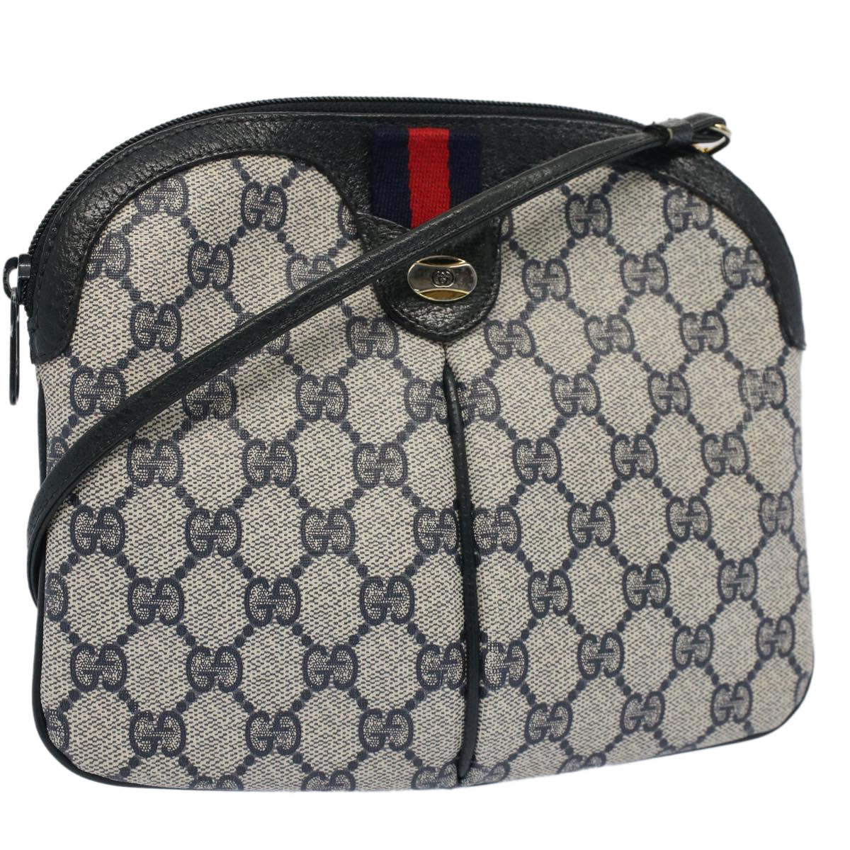 GUCCI GG Canvas Sherry Line Shoulder Bag PVC Leather Gray Navy Red ki3325