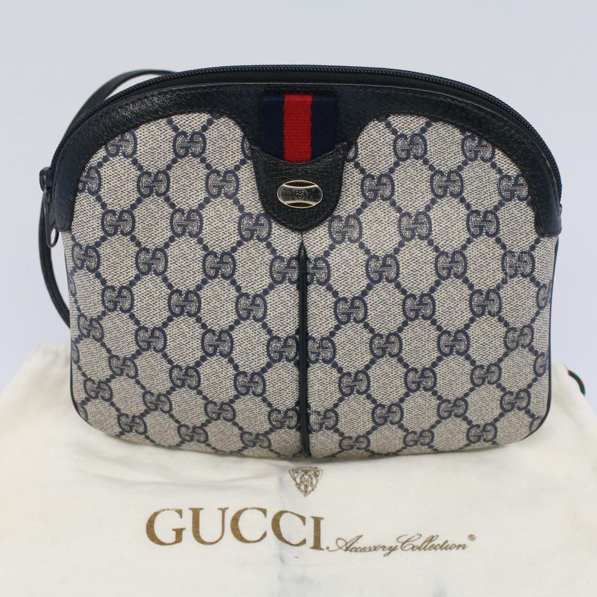 GUCCI GG Canvas Sherry Line Shoulder Bag PVC Leather Gray Navy Red ki3325