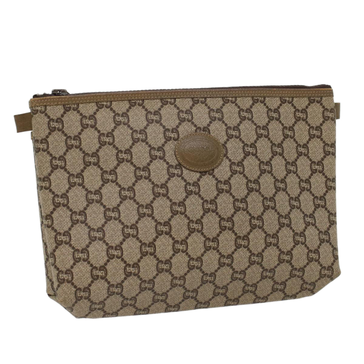 GUCCI GG PLUS Canvas Clutch Bag PVC Leather Beige ki3327