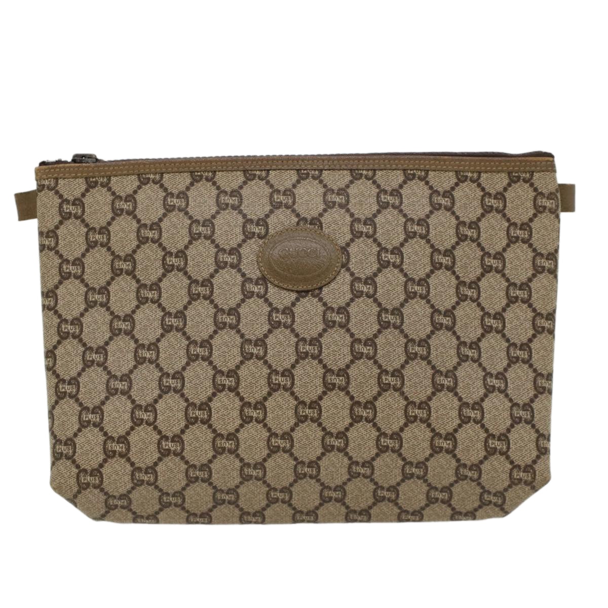 GUCCI GG PLUS Canvas Clutch Bag PVC Leather Beige ki3327
