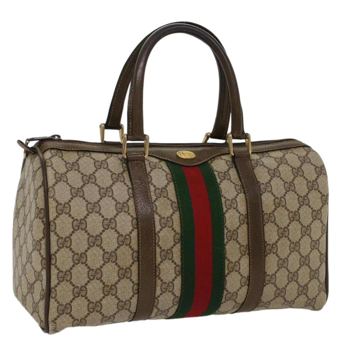 GUCCI GG Canvas Web Sherry Line Boston Bag PVC Leather Beige Green ki3376