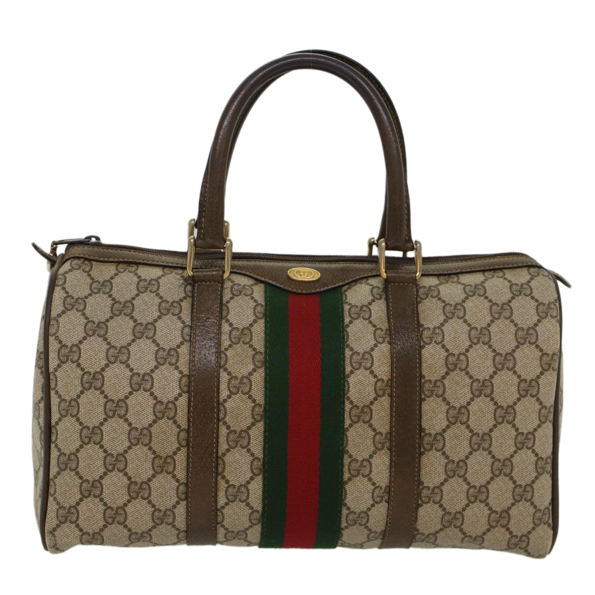 GUCCI GG Canvas Web Sherry Line Boston Bag PVC Leather Beige Green ki3376