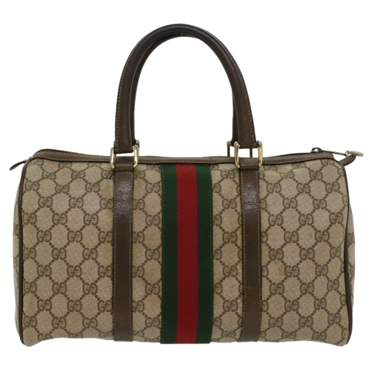 GUCCI GG Canvas Web Sherry Line Boston Bag PVC Leather Beige Green ki3376
