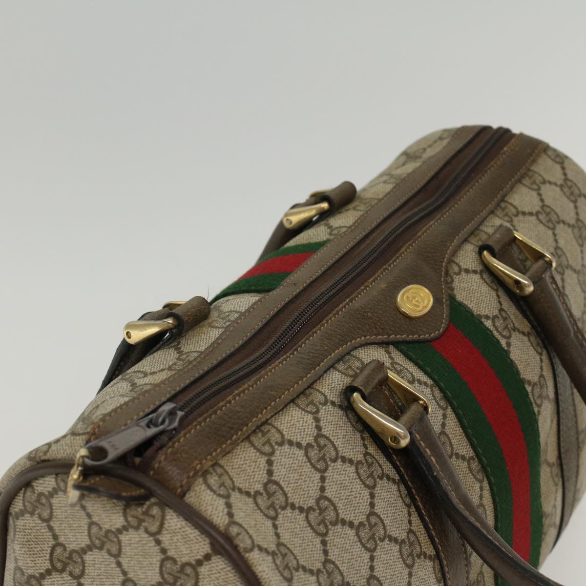 GUCCI GG Canvas Web Sherry Line Boston Bag PVC Leather Beige Green ki3376