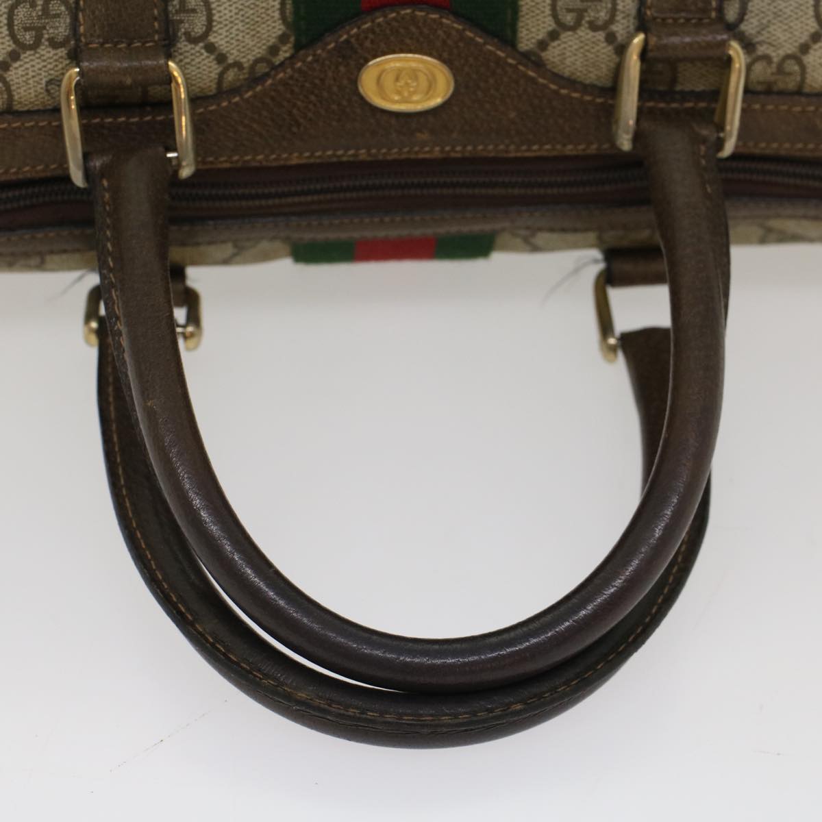 GUCCI GG Canvas Web Sherry Line Boston Bag PVC Leather Beige Green ki3376