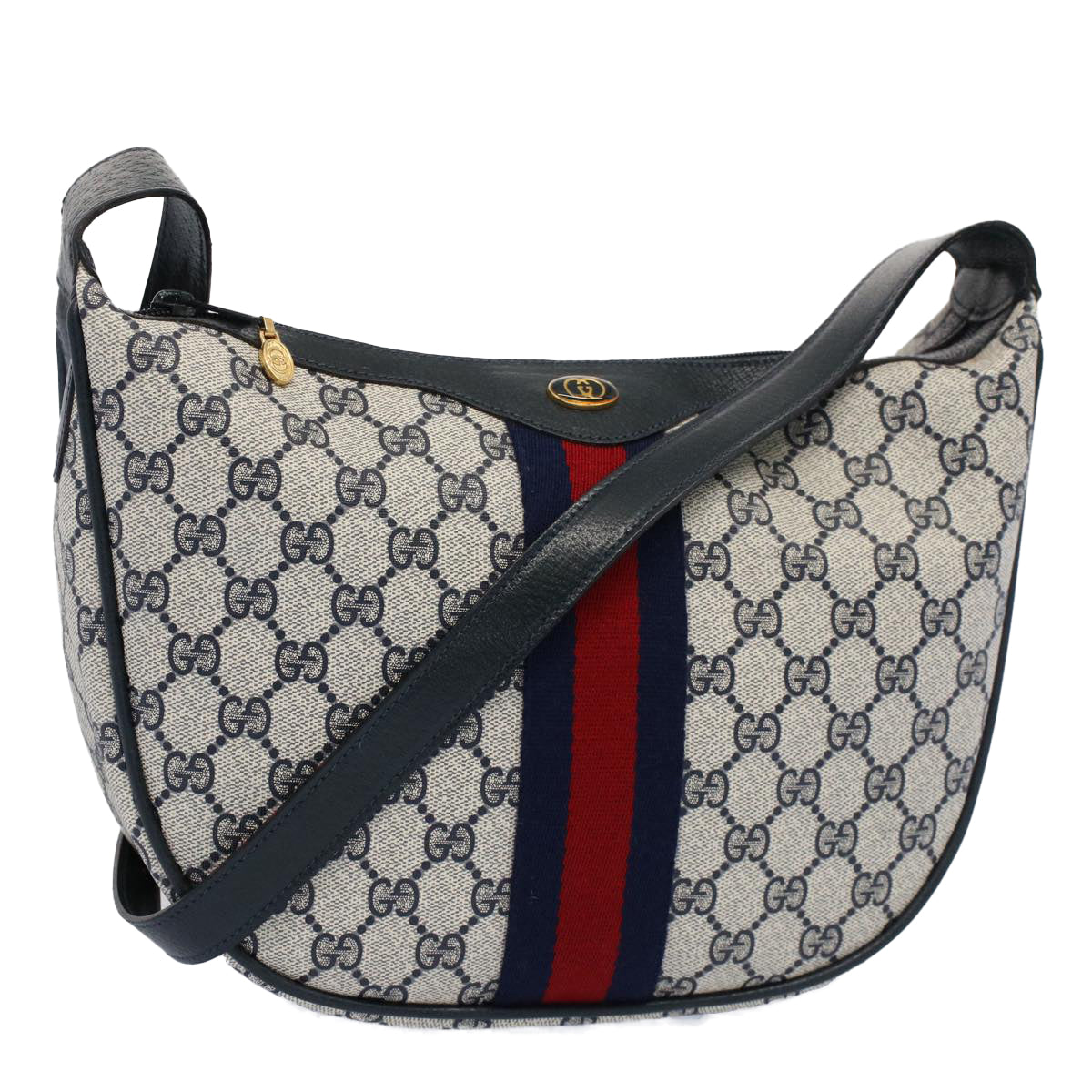 GUCCI GG Canvas Sherry Line Shoulder Bag PVC Leather Gray Navy Red ki3382