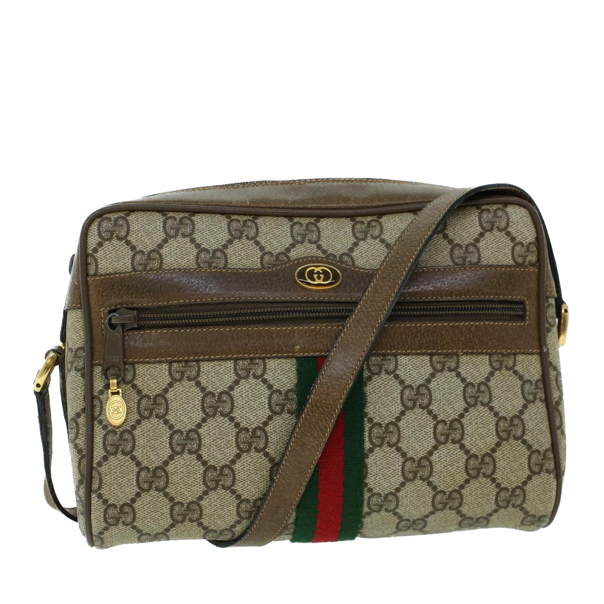 GUCCI GG Canvas Web Sherry Line Shoulder Bag PVC Leather Beige Green ki3425