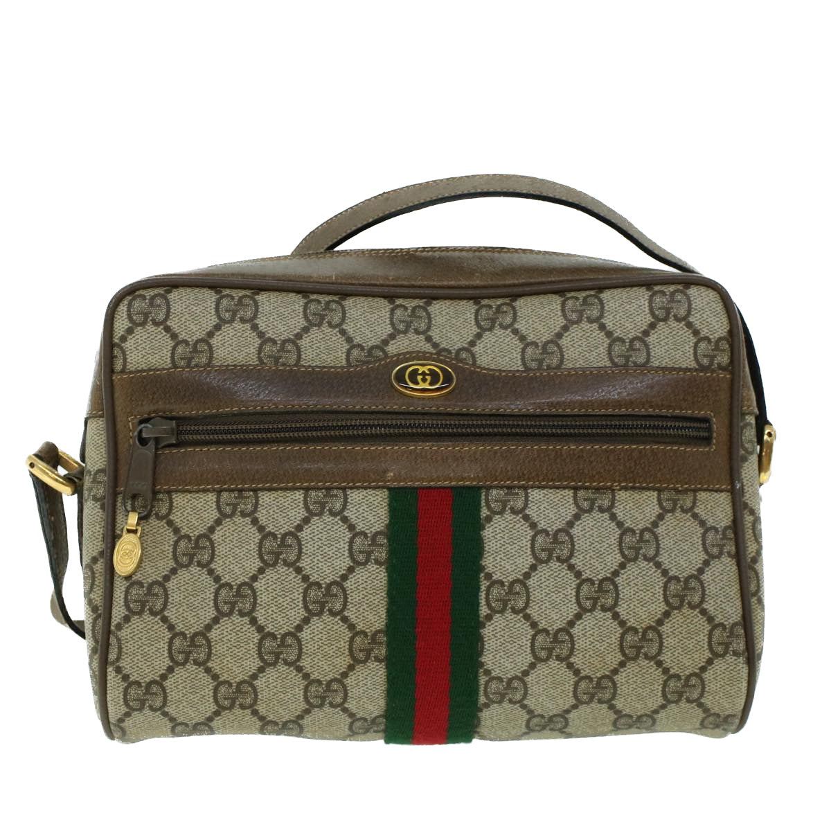 GUCCI GG Canvas Web Sherry Line Shoulder Bag PVC Leather Beige Green ki3425