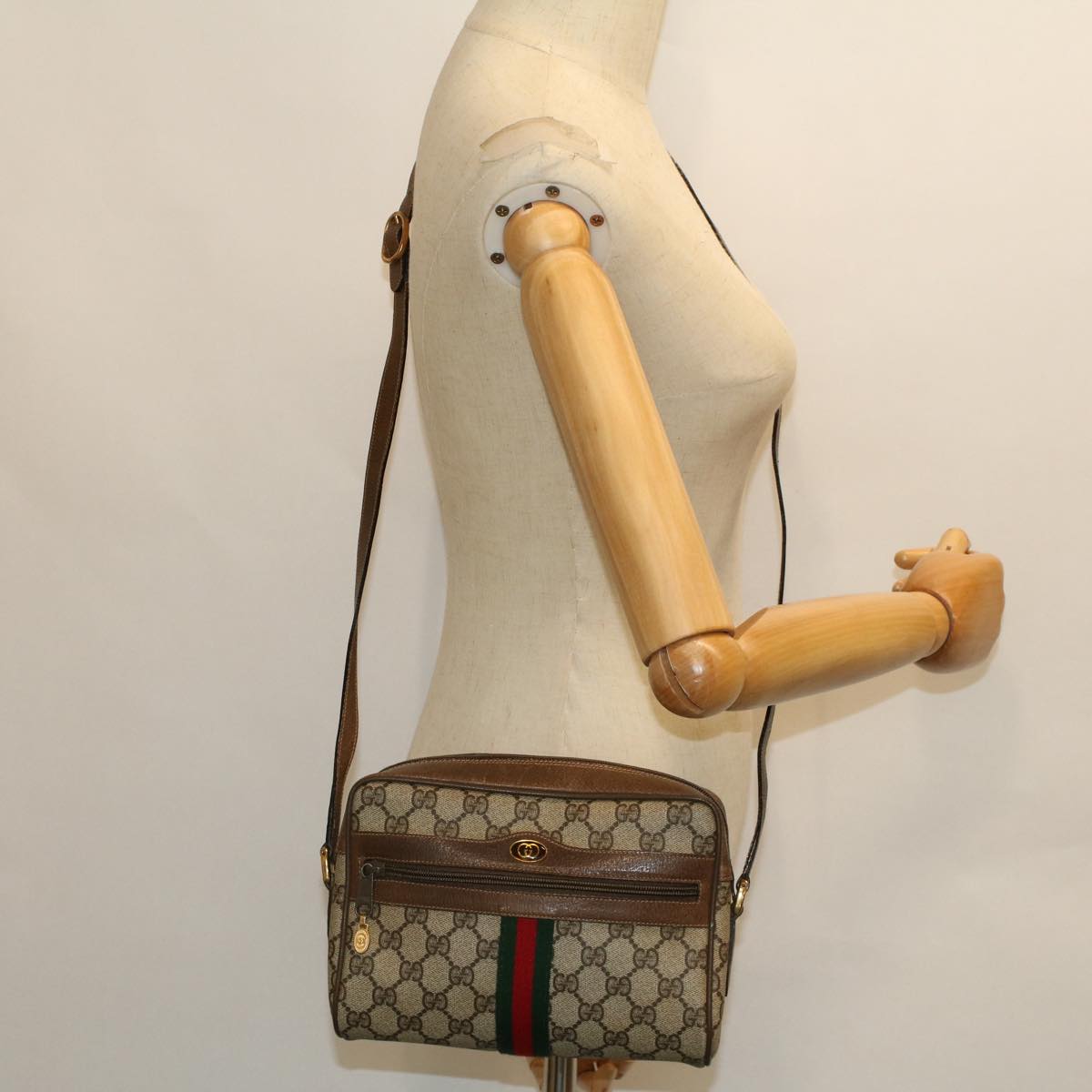 GUCCI GG Canvas Web Sherry Line Shoulder Bag PVC Leather Beige Green ki3425