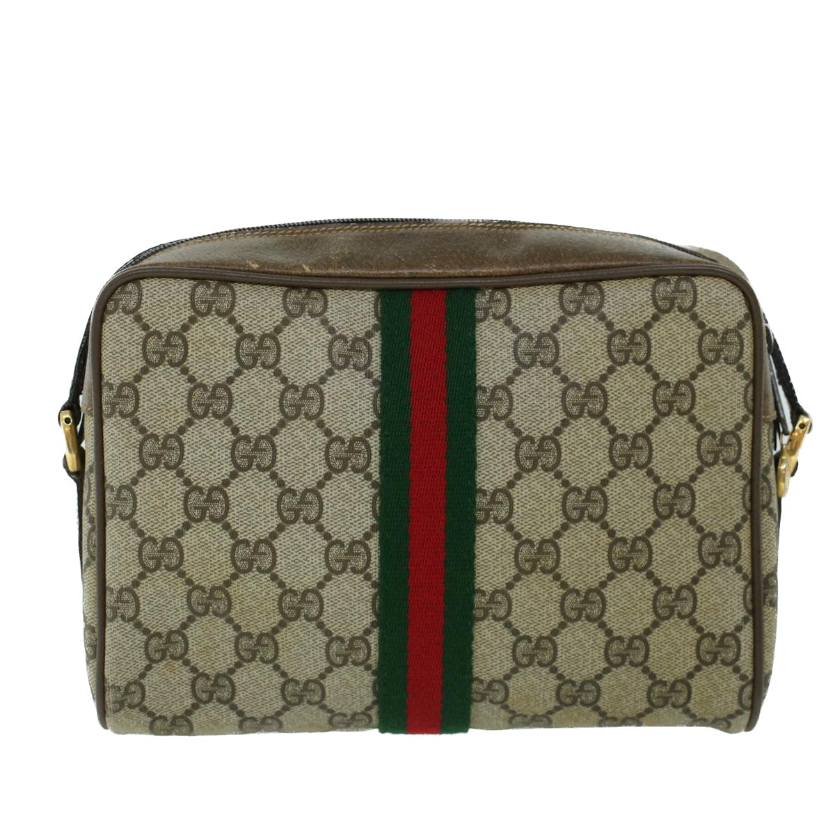 GUCCI GG Canvas Web Sherry Line Shoulder Bag PVC Leather Beige Green ki3425