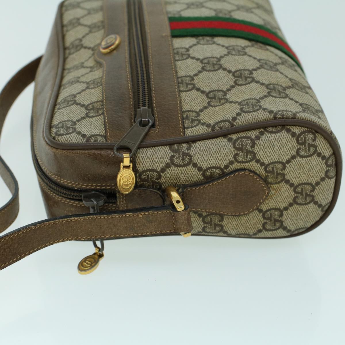 GUCCI GG Canvas Web Sherry Line Shoulder Bag PVC Leather Beige Green ki3425