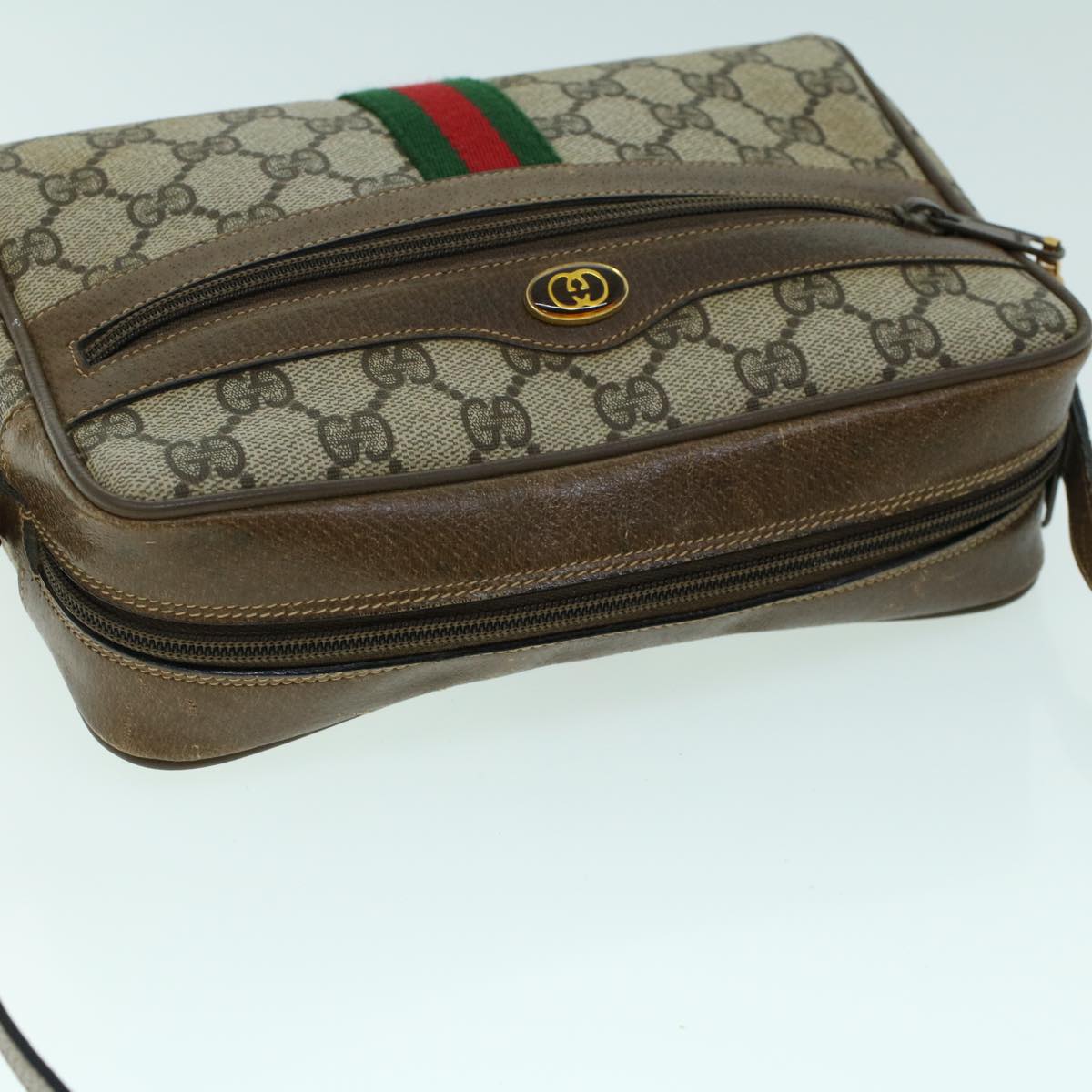 GUCCI GG Canvas Web Sherry Line Shoulder Bag PVC Leather Beige Green ki3425