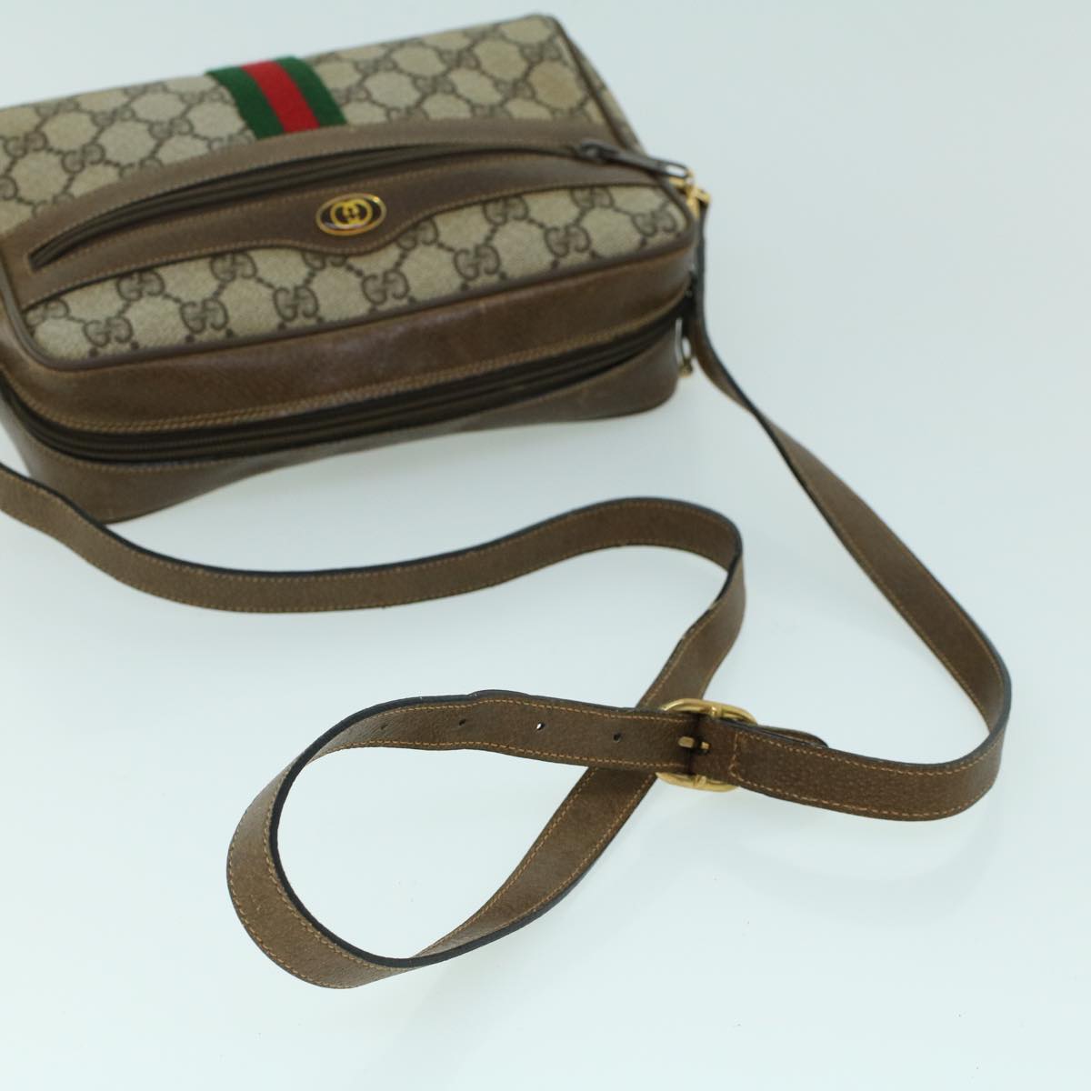 GUCCI GG Canvas Web Sherry Line Shoulder Bag PVC Leather Beige Green ki3425