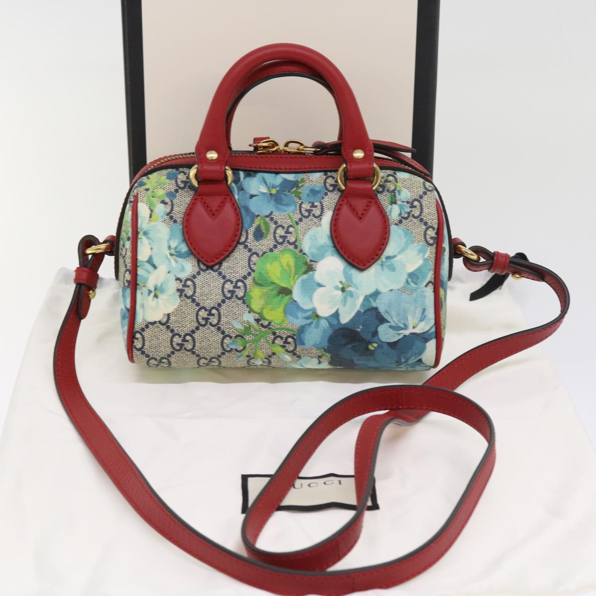 GUCCI GG Supreme Mini Boston Bag 2way Red Blue Gray 546312 ki3507