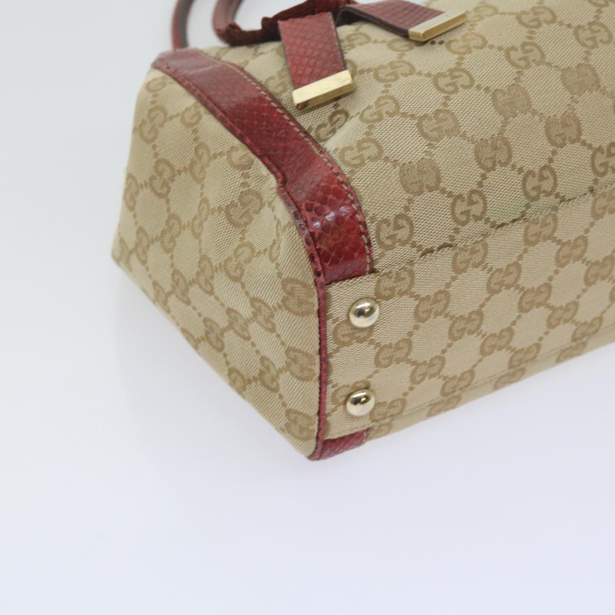 GUCCI GG Canvas Hand Bag Snake leather Beige Red ki3896