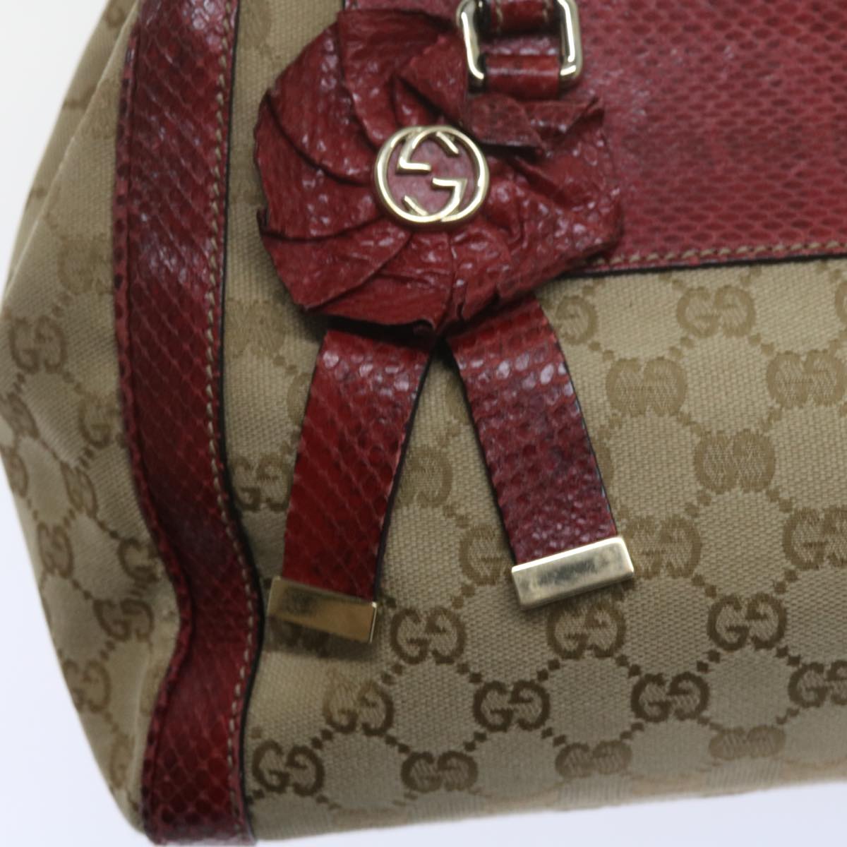 GUCCI GG Canvas Hand Bag Snake leather Beige Red ki3896