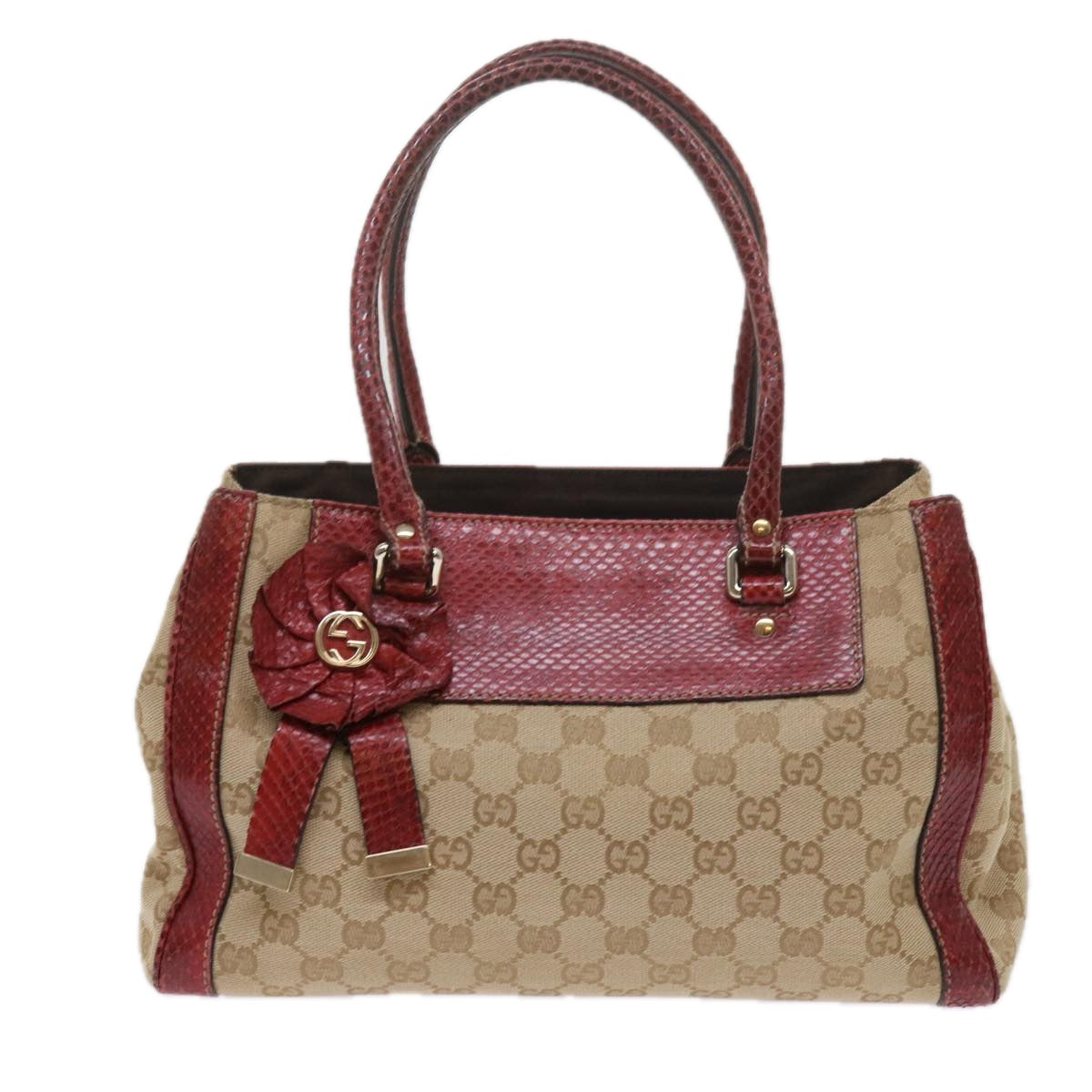 GUCCI GG Canvas Hand Bag Snake leather Beige Red ki3896