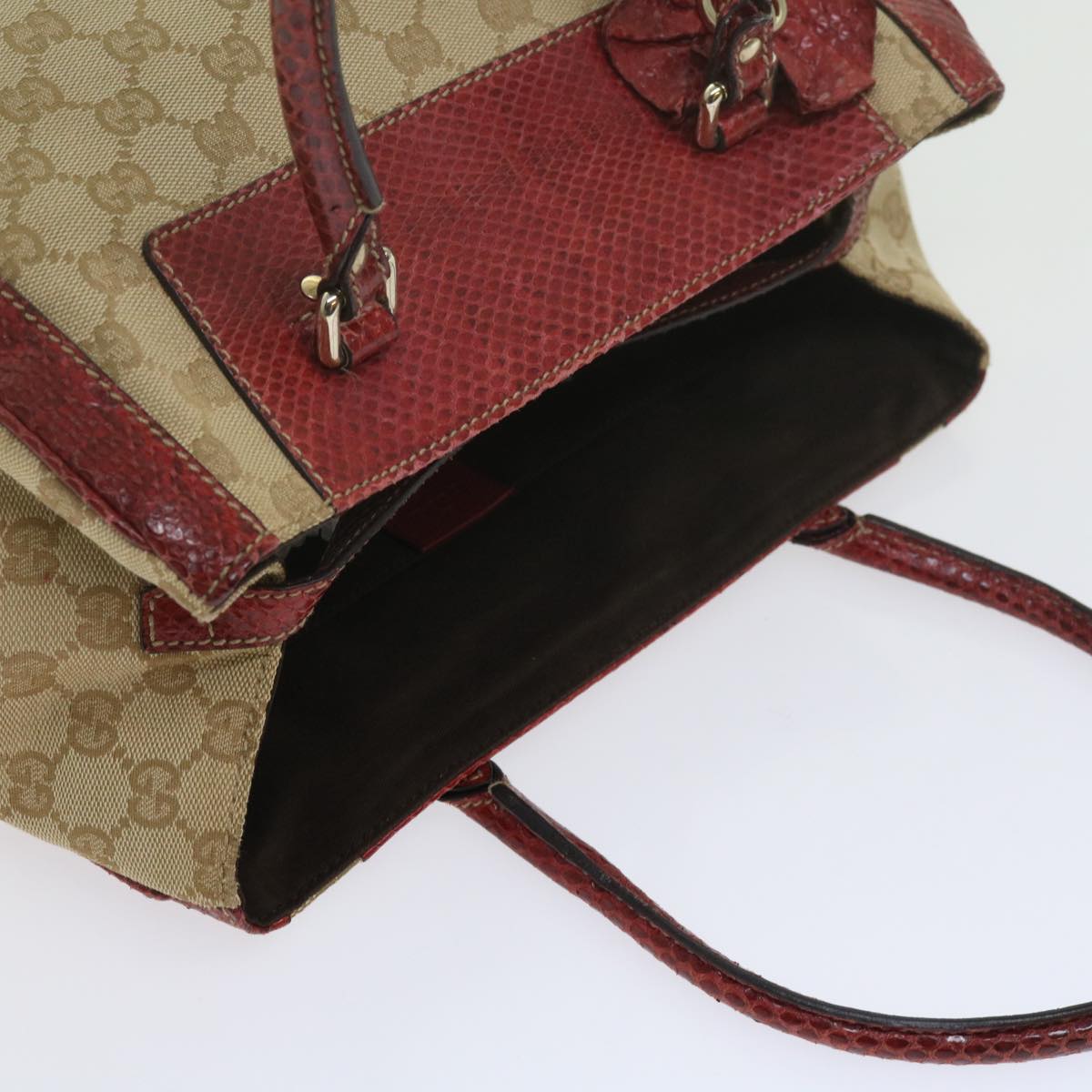 GUCCI GG Canvas Hand Bag Snake leather Beige Red ki3896