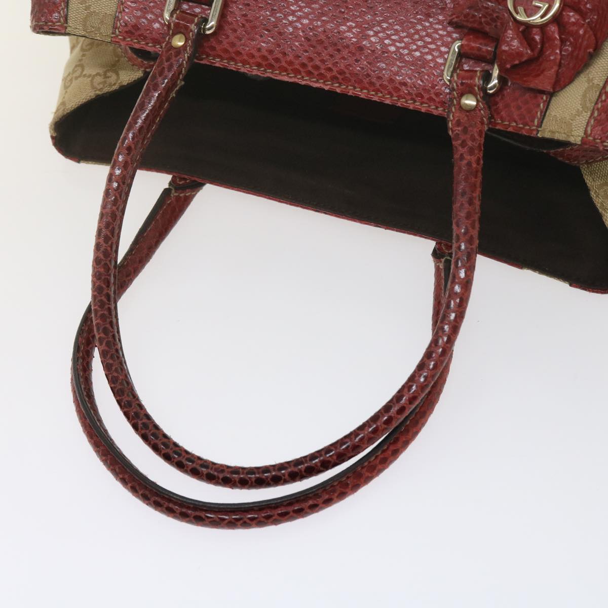 GUCCI GG Canvas Hand Bag Snake leather Beige Red ki3896