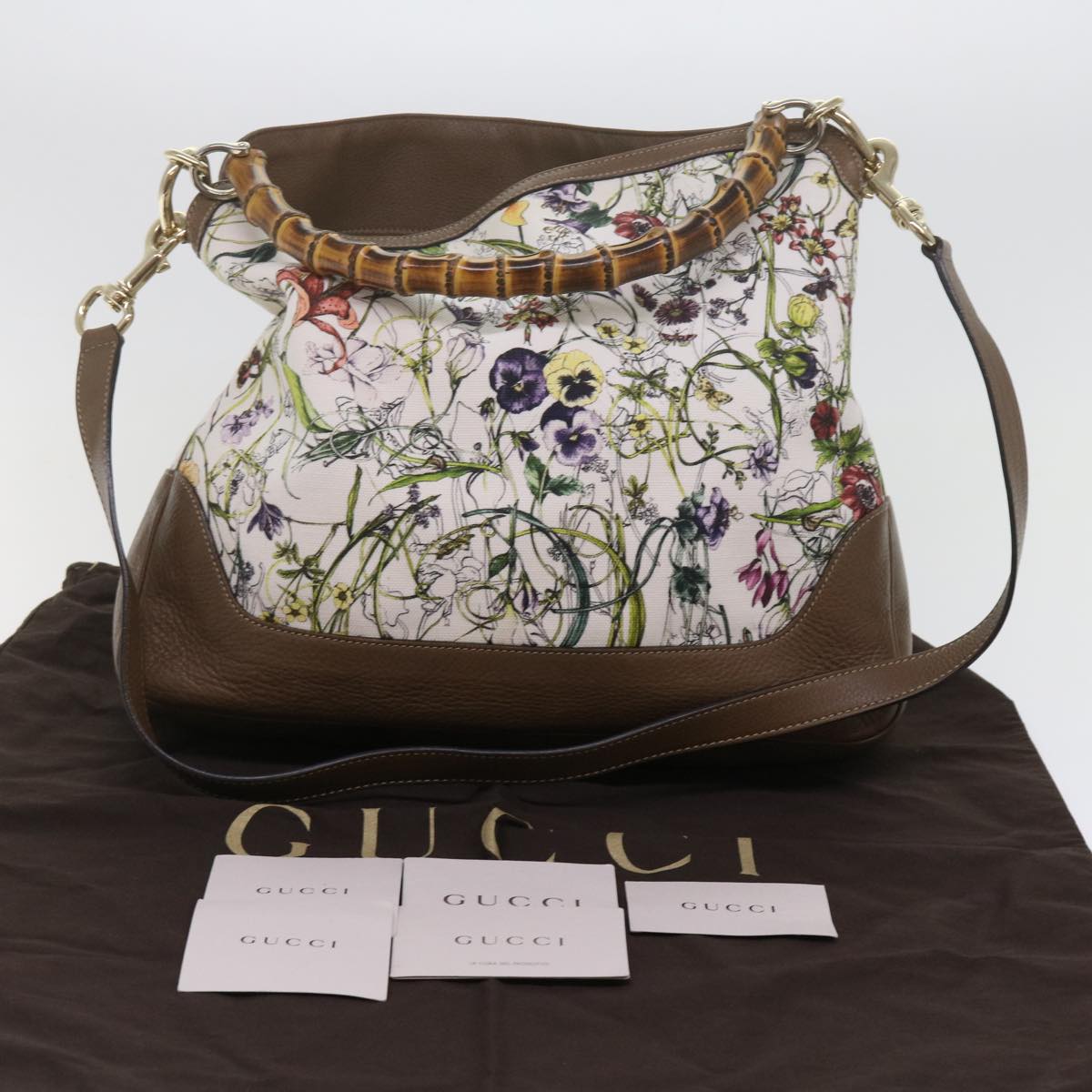 GUCCI Bamboo Flora Shoulder Bag Canvas 2way White Brown 282315 ki3900