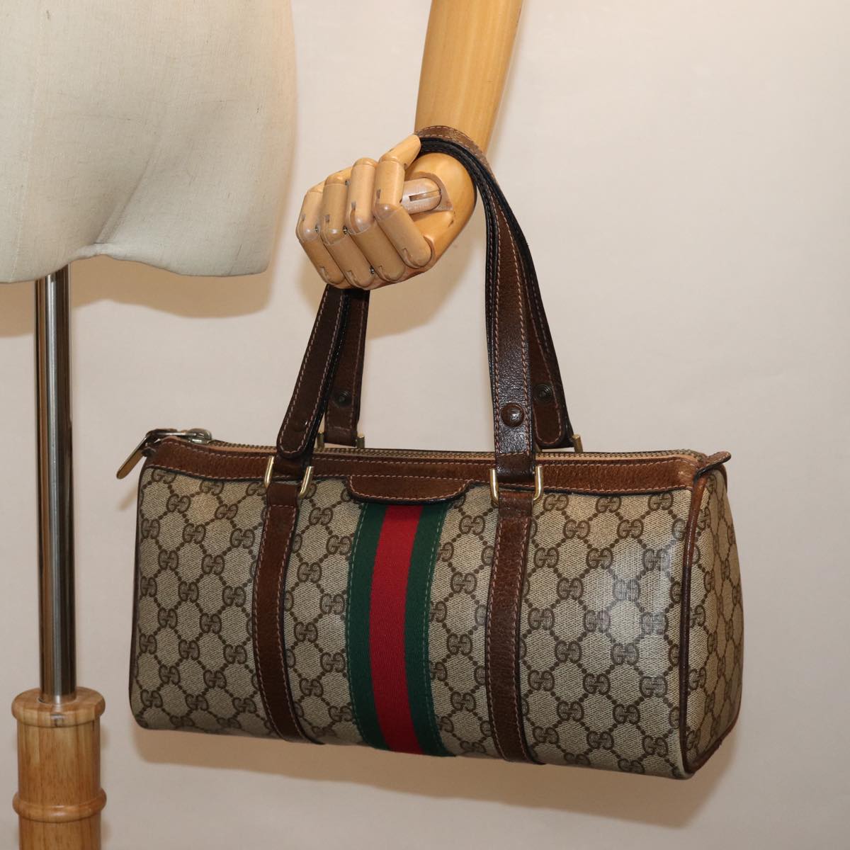GUCCI GG Supreme Web Sherry Line Boston Bag PVC Beige Red Green ki4475