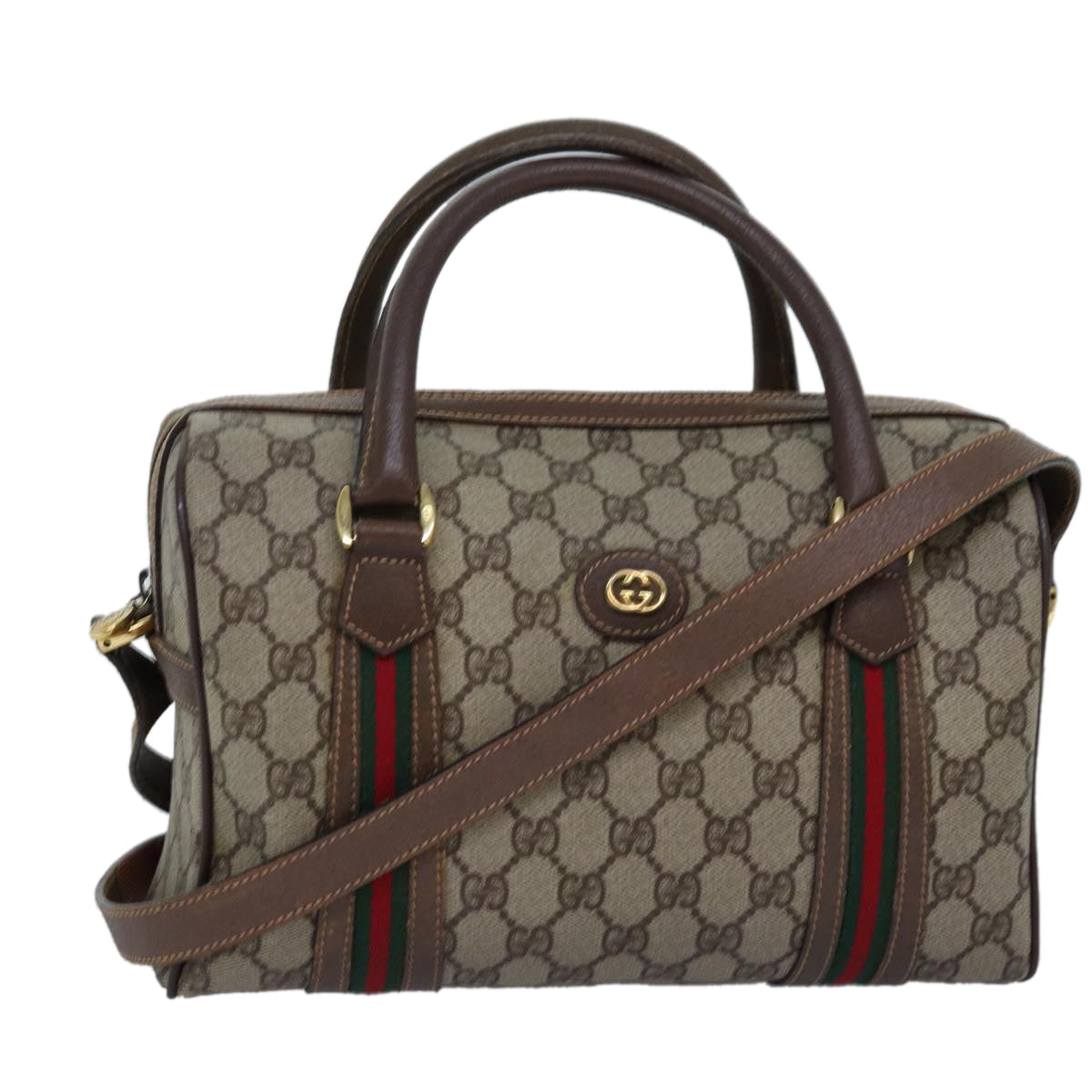 GUCCI GG Supreme Web Sherry Line Boston Bag PVC 2way Beige Red Green ki4476