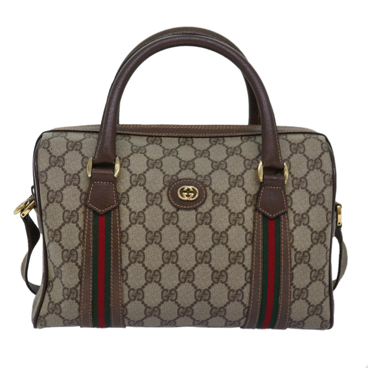 GUCCI GG Supreme Web Sherry Line Boston Bag PVC 2way Beige Red Green ki4476