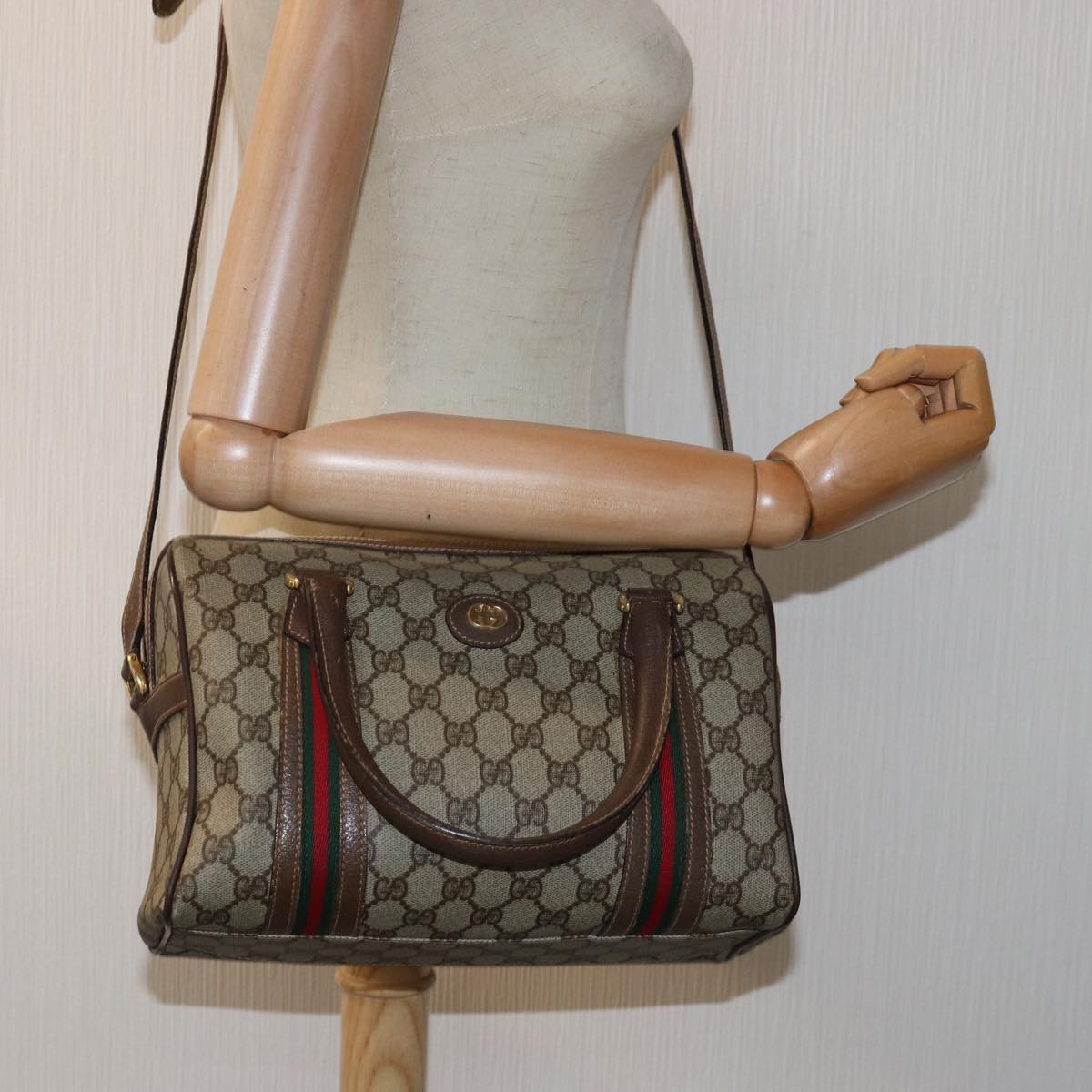 GUCCI GG Supreme Web Sherry Line Boston Bag PVC 2way Beige Red Green ki4476