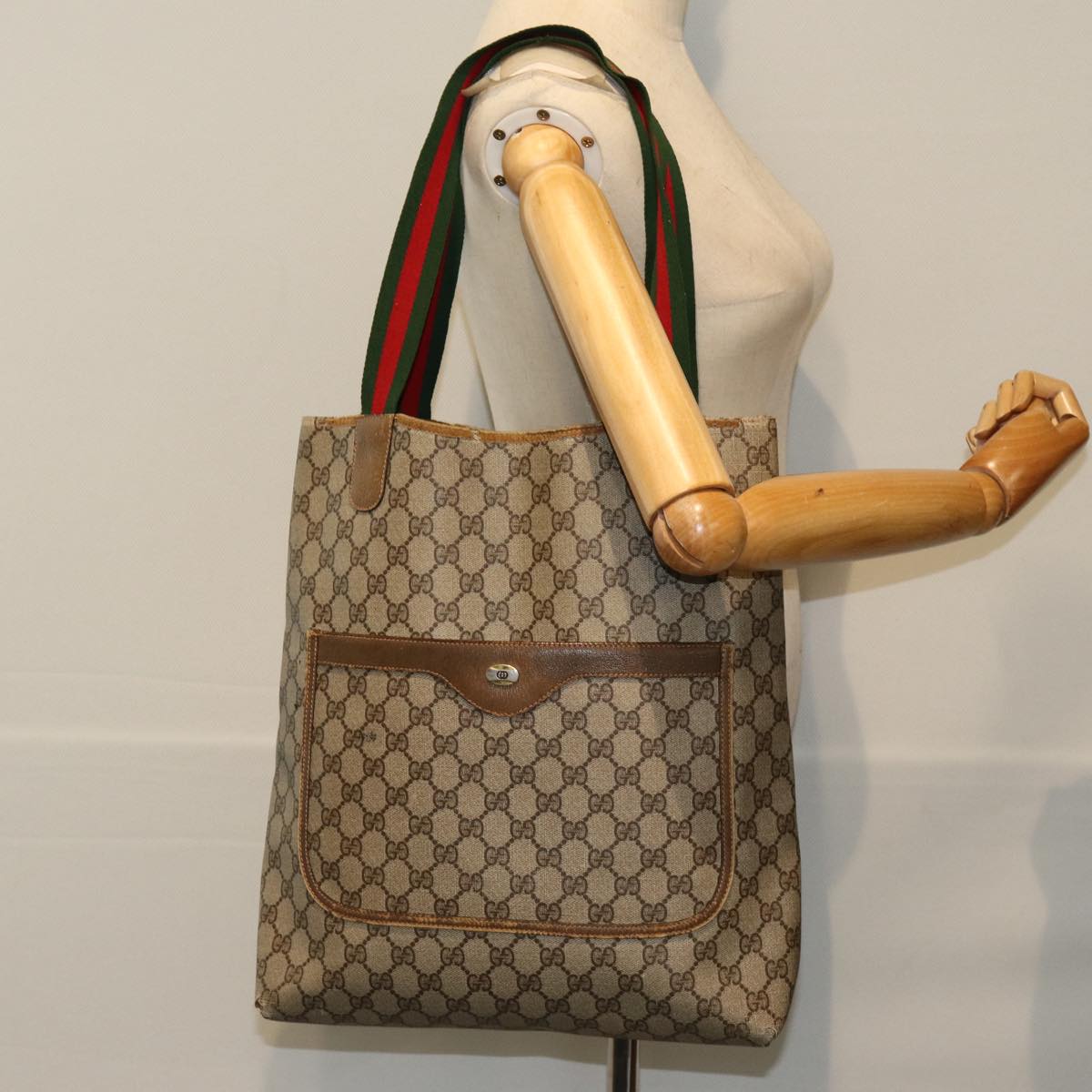 GUCCI GG Supreme Web Sherry Line Tote Bag PCVLeather Beige 39 02 003 ki4477