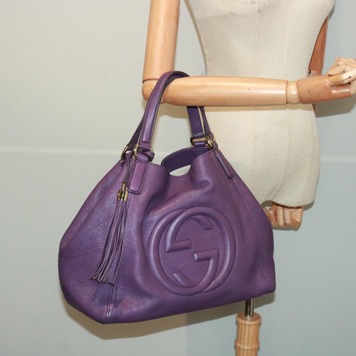GUCCI Soho Interlocking Fringe Tote Bag Leather Purple 282309 ki4558