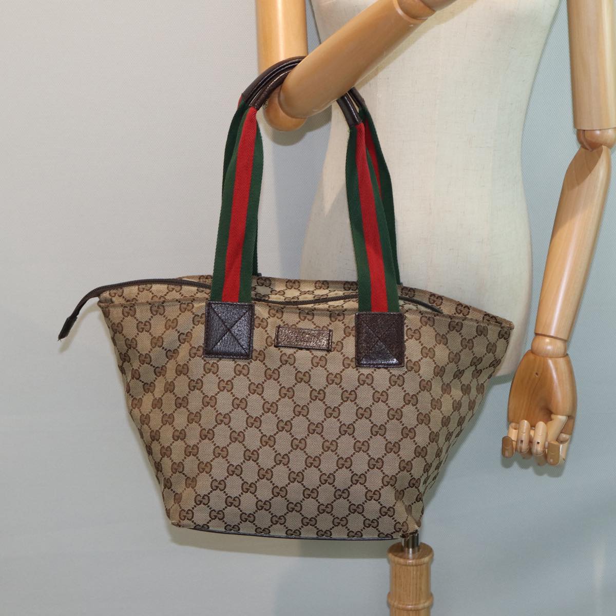 GUCCI GG Canvas Web Sherry Line Tote Bag Beige Red Green 131230 ki4581