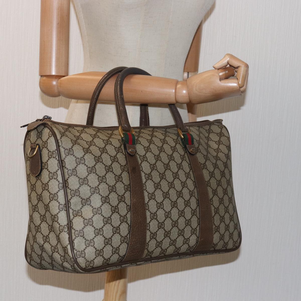 GUCCI GG Supreme Web Sherry Line Boston Bag PVC Leather Beige ki4633