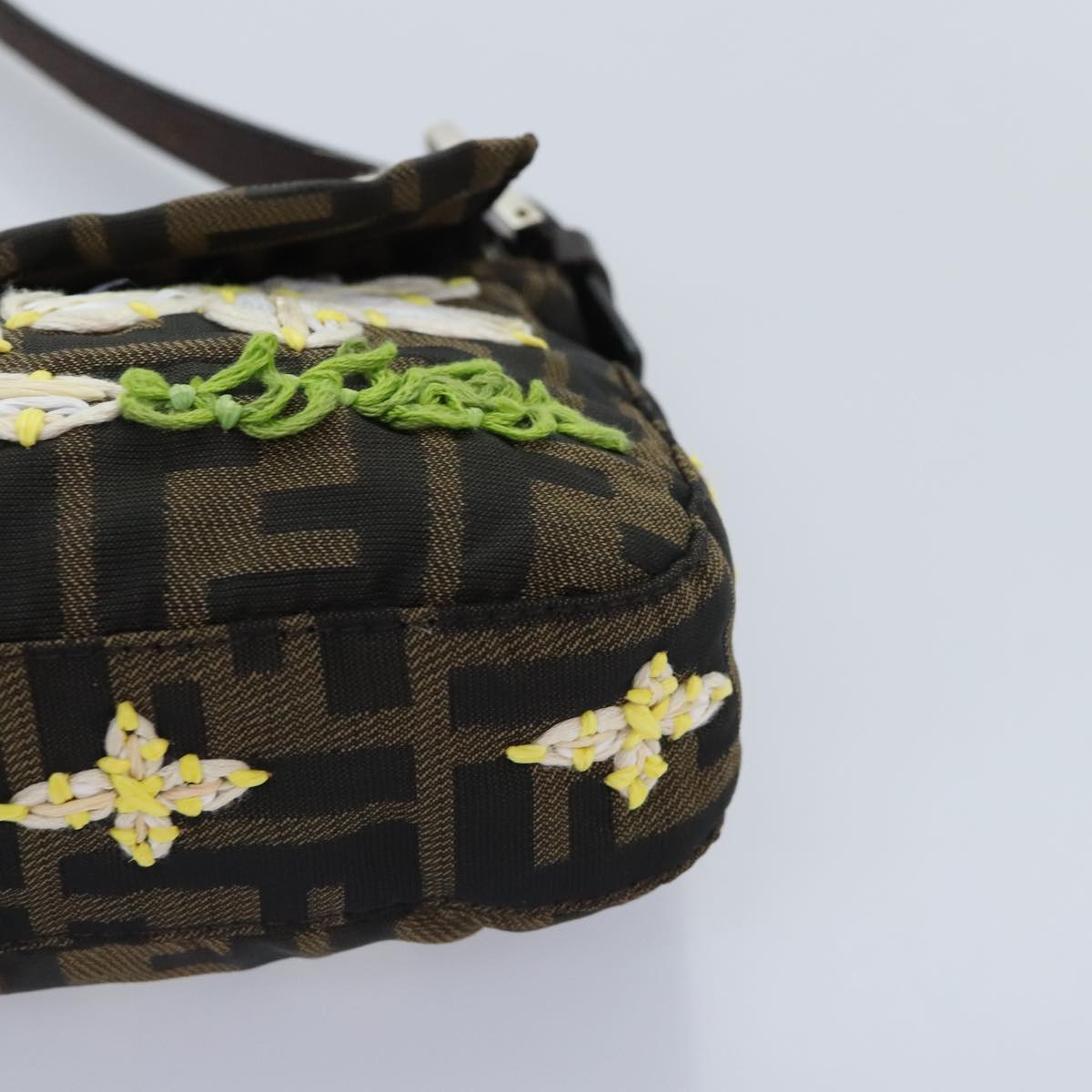 FENDI Zucca Canvas Flower Embroidery Mamma Baguette Bag Black Brown ki4974