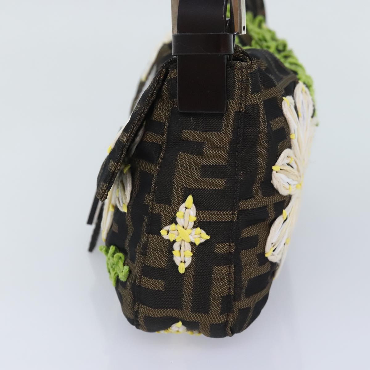 FENDI Zucca Canvas Flower Embroidery Mamma Baguette Bag Black Brown ki4974