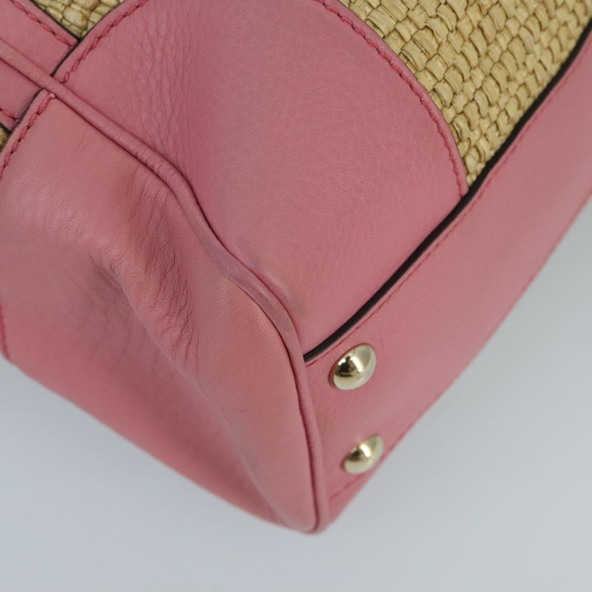 GUCCI Bamboo Hand Bag Straw Leather 2way Beige Pink Gold 336032 ki5083