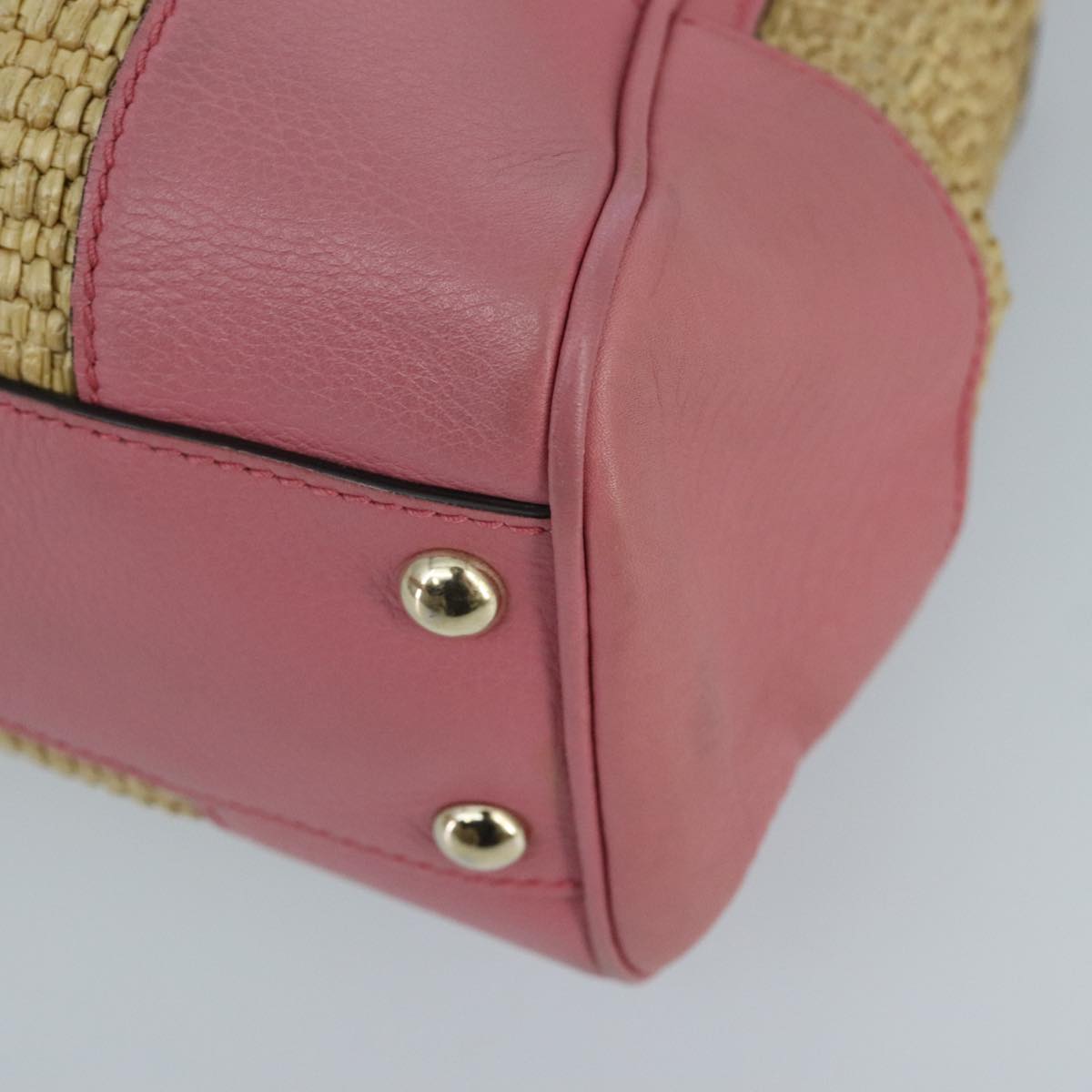 GUCCI Bamboo Hand Bag Straw Leather 2way Beige Pink Gold 336032 ki5083