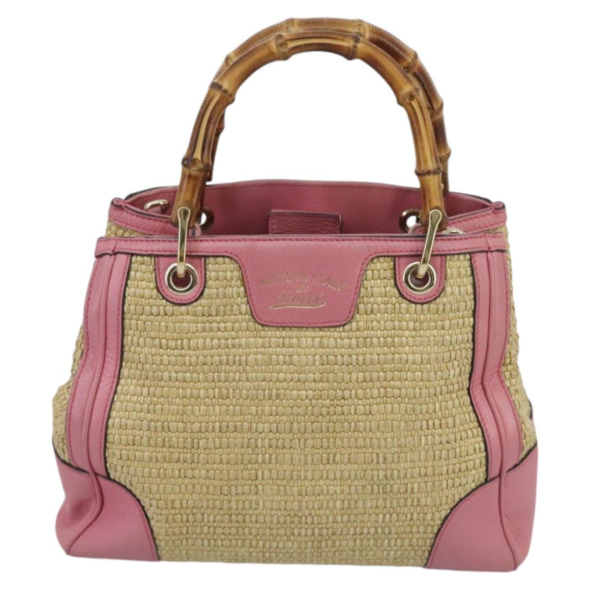 GUCCI Bamboo Hand Bag Straw Leather 2way Beige Pink Gold 336032 ki5083