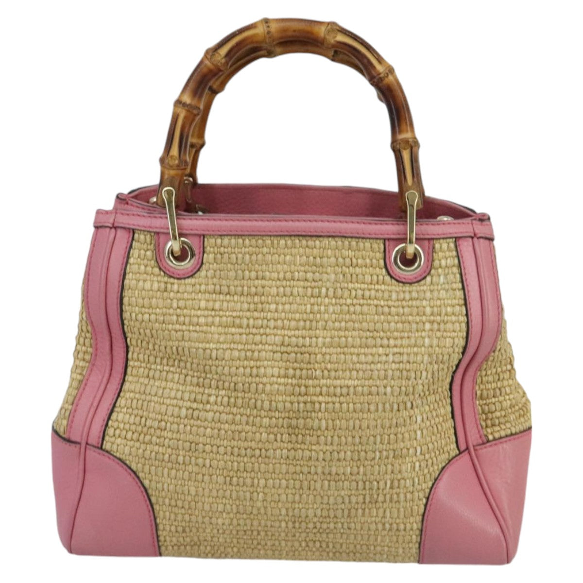 GUCCI Bamboo Hand Bag Straw Leather 2way Beige Pink Gold 336032 ki5083