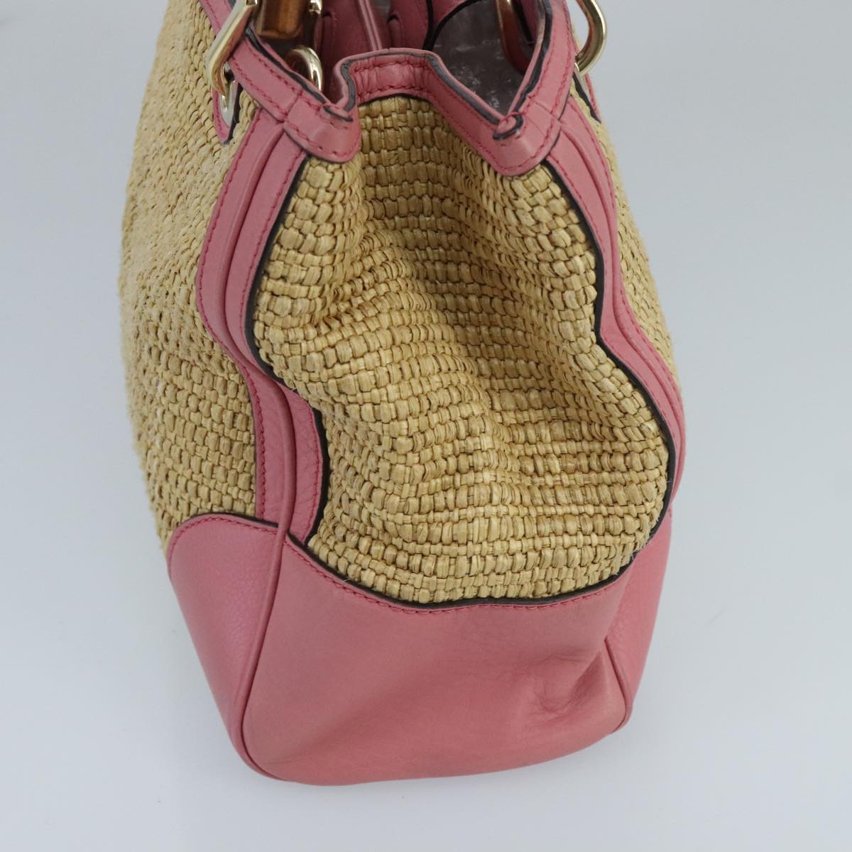 GUCCI Bamboo Hand Bag Straw Leather 2way Beige Pink Gold 336032 ki5083