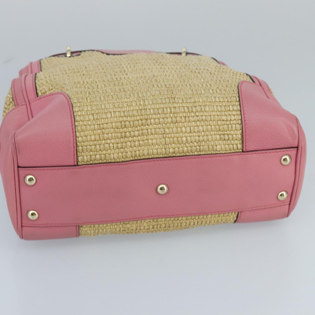 GUCCI Bamboo Hand Bag Straw Leather 2way Beige Pink Gold 336032 ki5083