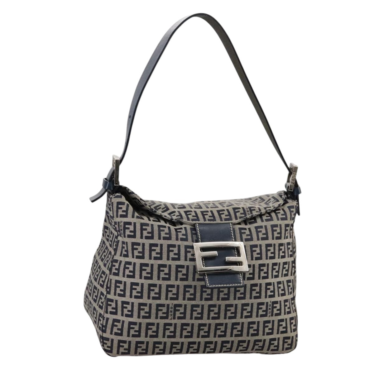 FENDI Zucchino Canvas Mamma Baguette Shoulder Bag Navy Silver ki5282